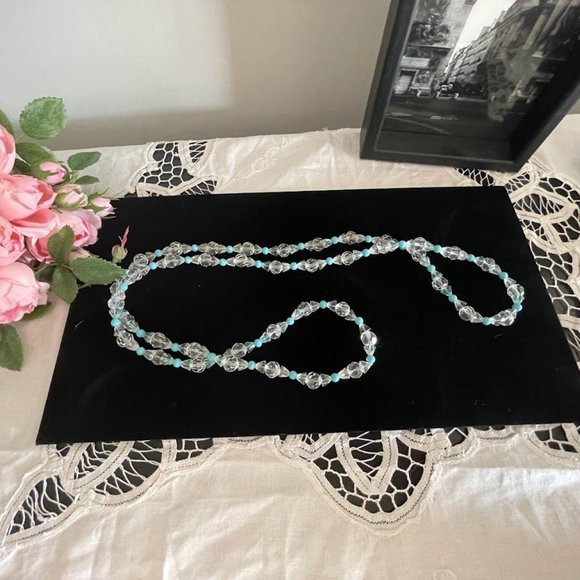 1970s Boho Clear Crystal and Blue Bead Long Necklace - Picture 9 of 10